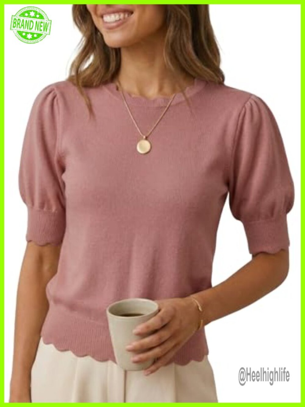 Women Short Sleeve Sweater Pullover Scalloped Crewneck Puff Sleeve Knit Top